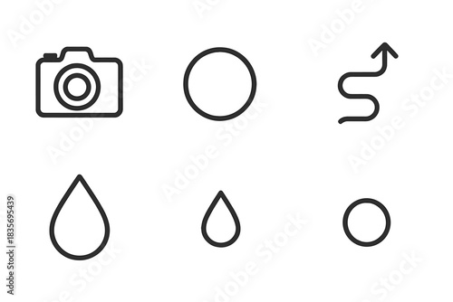 Camera Path Icons. Line style vector icons of camera path raindrop: compact camera body, lens circle, winding path line,