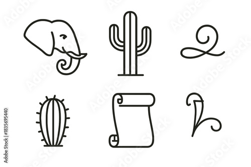 Desert Mammal Icons. Line style vector icons of desert mammal script: elephant profile, trunk loop line, upright cactus shape,