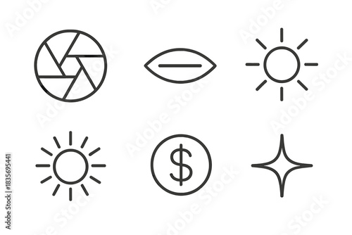 Line Style Icons. Line style vector icons of aperture daylight currency: clean aperture gap, tapered slot line, daylight sun band,