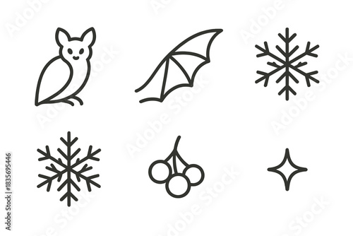 Frostbound Bat Icons. Line style vector icons of frostbound bat produce: perched bat outline, angled wing bar, icy flake star,