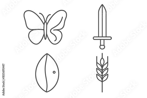 Flutter Steel Icons. Line style vector icons of flutter steel grain: delicate butterfly contour, wing flow stroke, clean steel