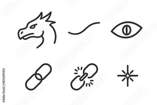 Dragon Eye Chain Icons. Line style vector icons of dragon eye chain: dragon head outline, curved snout line, sharp dragon eye,