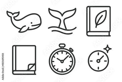 Marine Chronograph Icons. Line style vector icons of marine folio chronograph: whale silhouette, tail sweep line, folio leaf