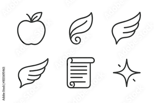 Fruit Flight Icons. Line style vector icons of fruit-flight manuscript: apple figure, leaf curl, flutter wing mark, wing crest