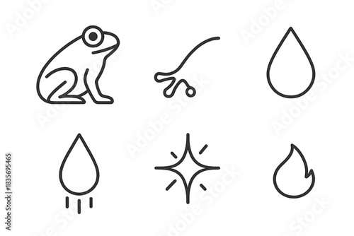 Frog Raindrop Ember Icons. Line style vector icons of frog raindrop ember: sitting frog outline, curved frog limb, single raindrop