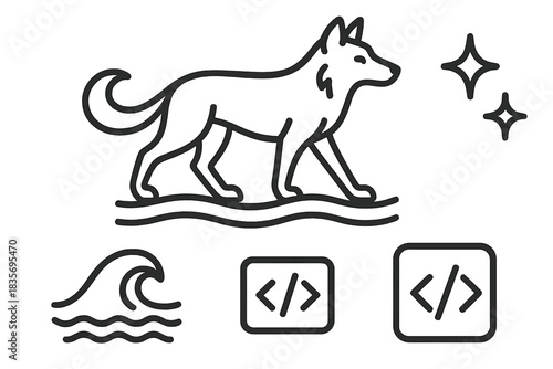 Riverbound Wolf Icon. Line style vector icons of riverbound wolfmarkup: slim wolf pose, looping tail tip, wave-like river band,