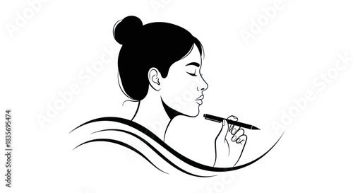 Elegant woman applying makeup with a brush black and white illustration.