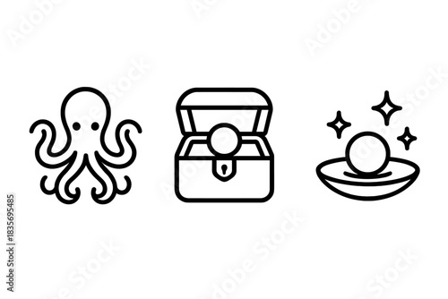 Deepsea Pearl Icons. Line style vector icons of deepsea cache pearlshine: octo figure, curved limb flow, cache case shape, box
