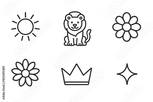 Sunny Mane Icons. Line style vector icons of sunny-mane coronation bloom: sunny mane outline, gentle lion pose, coronation bloom