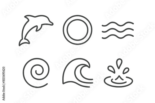 Ocean Loop Icons. Line vector icons of Ocean Loop Motion: dolphin silhouette, loop ring, moving tide, swirl point, crest fragment,