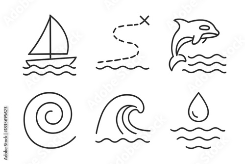 Ocean Sail Icons. Line vector icons of Ocean Sail Passage: open sail, deep ocean track, curved orca sign, swirl bead, soft breaker