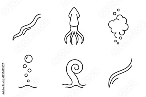 Deep-Sea Line Icons. Line vector icons of Deep-Sea Ink Veil: veil trace, squid silhouette, underwater mist, bubble point, rippled