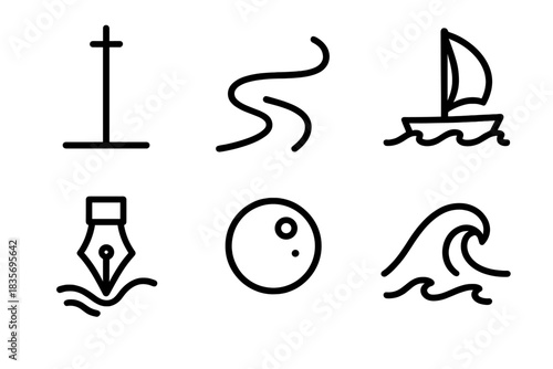 Mast-Driven Sea Icons. Line vector icons of Mast-Driven Sea Journey: tall mast, sea path, drifting sail, wave nib, bubble mote,