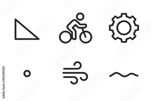 Slope Pedal Icons. Line vector icons of Slope Pedal Gear: slope mark, pedaling hint, gear frame, tiny speck, breeze ripple,