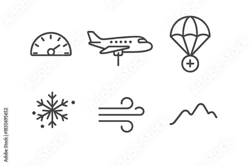 High-Altitude Aid Icons. Line vector icons of High-Altitude Aid Craft: altitude line, aid craft, drop rope, chill mote, breeze arc