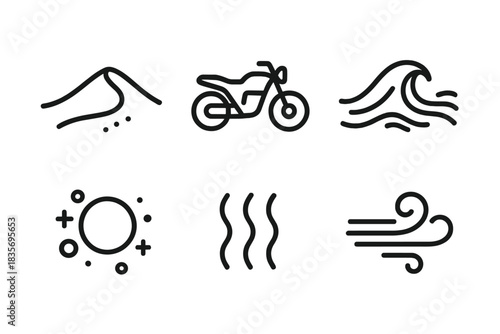 Arid Moto Drift Icons. Line vector icons of Arid Moto Drift: arid dune, moto silhouette, drifting sand, dust mote, heat curl,