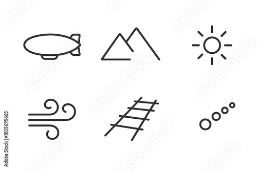 Distant Route Carrier Icons. Line vector icons of Distant Route Carrier: carrier form, distant ridge, clear track, glow mote,