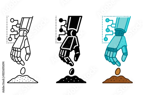 Robotic Hand Planting. Robotic hand planting seed guided by holographic algorithmic projection, first in line style with thin