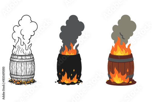 Burnt Barrel Trio. Burned wooden barrel, smoky plumes, glowing embers, first in line style with thin outline, second in solid