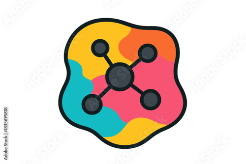 Molecular Art Icon. Flat style icon of a molecular structure integrated into an abstract painting, bright colors, representing
