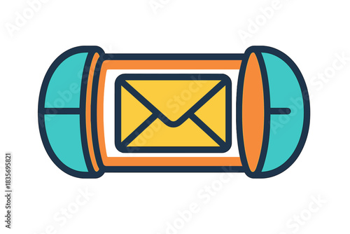 Pneumatic Mail Capsule. Flat style icon of a pneumatic tube capsule with mail inside, bright colors, representing pneumatic