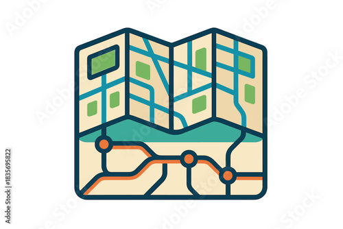 Minimalist City Map Icon. Flat style icon of a city map with underground tunnels highlighted, bright colors, representing