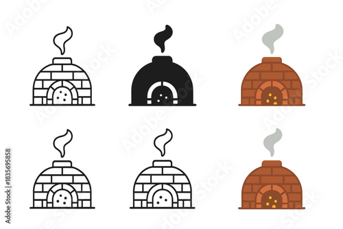 Brick Kiln Iconography. Brick kiln dome with smoke rising and glowing embers, clean geometric minimal icon, first in line style