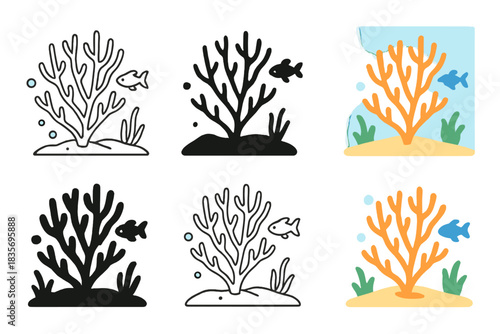 Neural Network Coral Reef. Underwater reef with branching coral resembling neural networks, simple minimalist vector illustration,