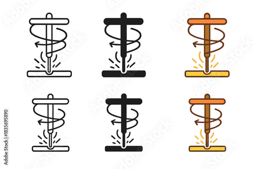 Bow Friction Drill Variations. Bow friction drill with rotational motion and sparks forming, simple minimal vector design, first