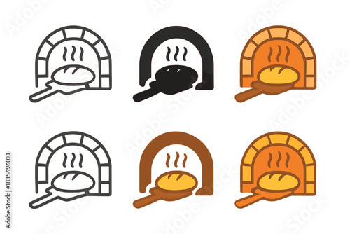 Golden Pizza Icons. Golden-brown pizza or bread crust coming out of a brick oven, minimal vector icon, first in line style with