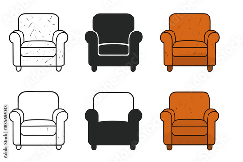 Minimal Armchair Styles. Leather armchair with worn texture and cushioned seat, clean minimal vector illustration, abstract icon,