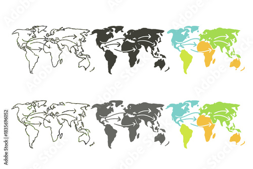 Dynamic Wind Map. World map showing animated wind jet paths and directional flow, abstract minimalist vector illustration, first