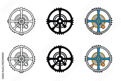 Tourbillon Timepiece Variations. Mechanical tourbillon cage rotating with balance wheel inside, simple minimalist vector