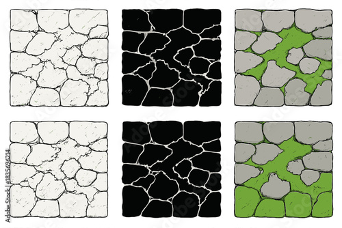 Stone and Moss Texture. Rough stone wall with patches of soft moss spreading between cracks, natural contrast of texture and