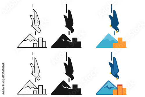 Peregrine Descent Art. Simplified mountain and cityscape background showing vertical hunting descent path of peregrine, bold