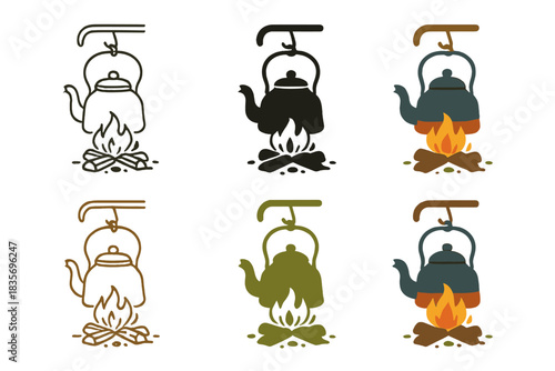 Rustic Kettle and Peat. Old kettle hanging above small peat fire, minimalist depiction of rural comfort and timeless rhythm, first