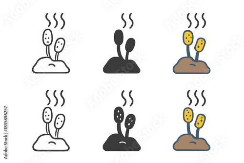 Microbial Icon Styles. Minimal icon of microbial structures anchored to rock in high-pressure thermal vent, simplified biological