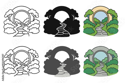 Serene Garden Pathway. Traditional garden path leading to circular moon gate, soft curvature creating sense of invitation and