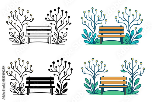 Neural Garden Oasis. Bench surrounded by plants that mimic neural branching, peaceful environment blending meditation and machine