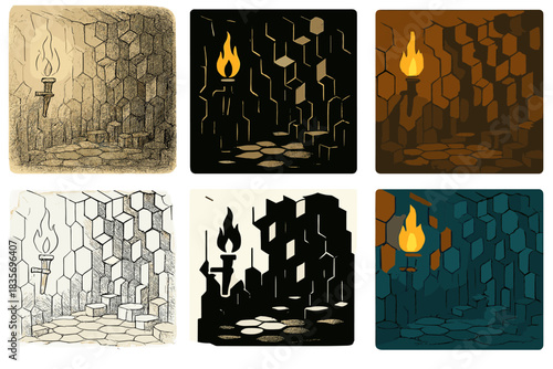 Hexagonal Basalt Ambiance. Torch-lit basalt chamber with shadows emphasizing hexagonal relief, minimalist atmosphere of quiet