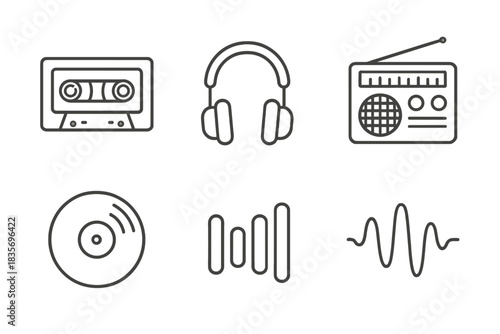 Vintage Audio Icons. Line style icons of Vintage Audio: cassette tape, headphones, radio, vinyl record, equalizer, soundwave. No