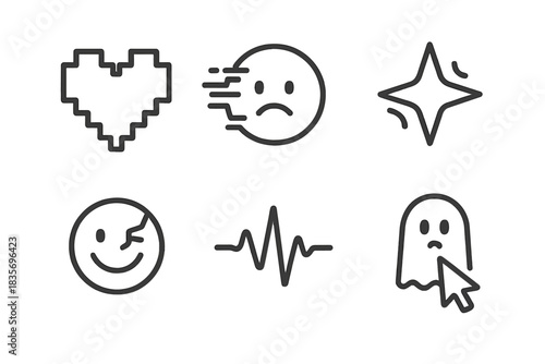 Emotional Glitches Icons. Line style icons of Emotional Glitches: pixel heart, fading face, cracked smile, flickering star, echo