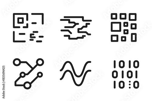 Digital Rune Icons. Line style icons of Digital Runes: QR fragment, glitch line, pixel pattern, circuit path, data wave, binary