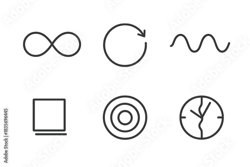 Endless Motion Icons. Line style icons of Endless Motion: infinity loop, rotating circle, wave path, shifting shadow, echo ring,