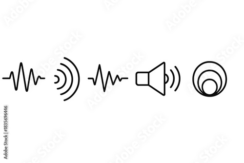 Sound Energy Icons. Line style icons of Sound Energy: soundwave, echo ripple, vibration line, speaker cone, frequency curve,