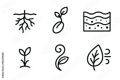 Hidden Growth Icons. Line style icons of Hidden Growth: root pattern, sprouting seed, layered soil, tiny bud, curved vine,