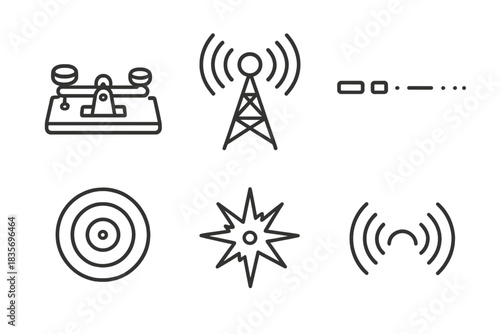 Vintage Signal Icons. Line style icons of Vintage Signals — telegrams, radio waves, and Morse patterns revived: telegraph key,