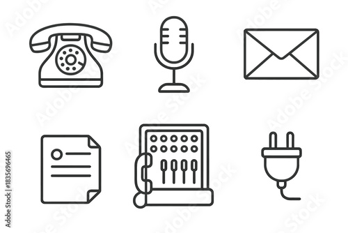 Vintage Communication Icons. Line style icons of Early Communication: rotary phone, microphone, telegram, switchboard, message