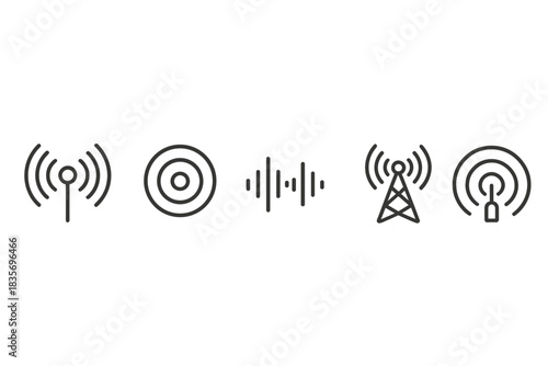 Radio Wave Icons. Line style icons of Radio Waves: antenna, frequency ring, sound wave, tuning dial, broadcast tower, signal