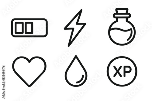 Game Energy Icons. Line style icons of Game Energy: health bar, lightning bolt, potion vial, heart life, mana drop, XP circle. No